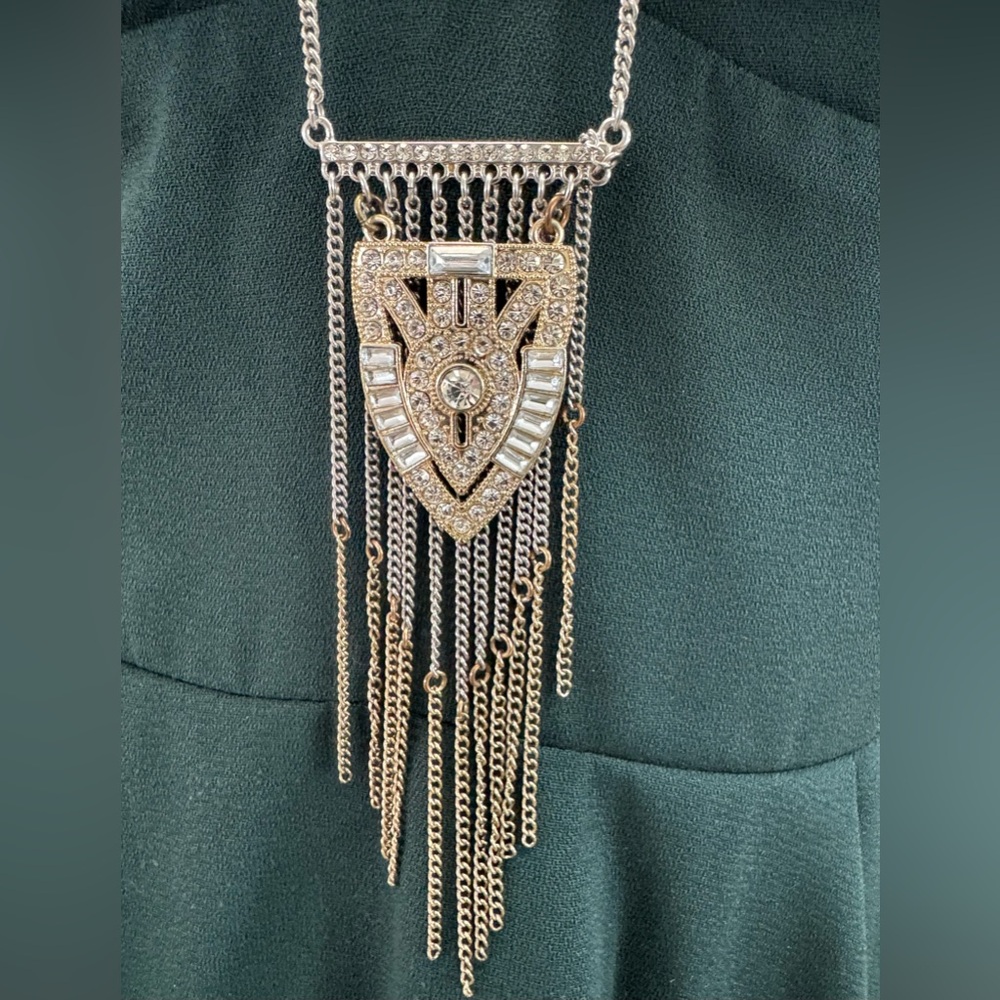 Buckle Art Deco Fringe Pendant Necklace Gold Silver Tone Geometric Statement - Picture 2 of 8